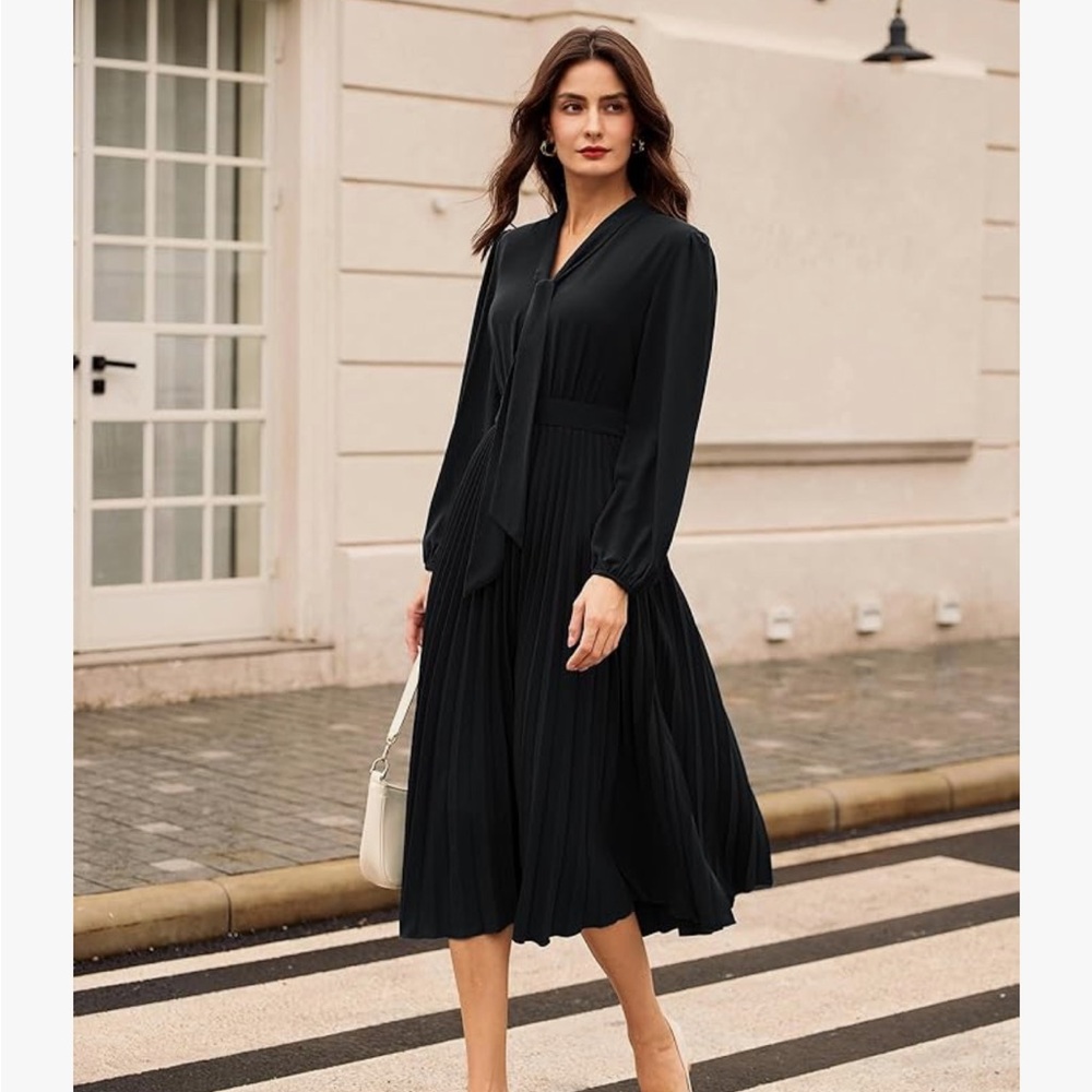 NWT Grace Karin Long Sleeve, V Neck, Pleated, A Line Flowy Midi Dress